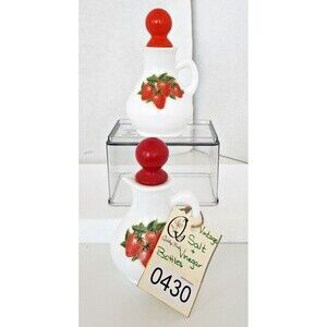 Retro White Milk Glass Strawberry Oil Vinegar Vintage Small Cruets 5.5" w/cork